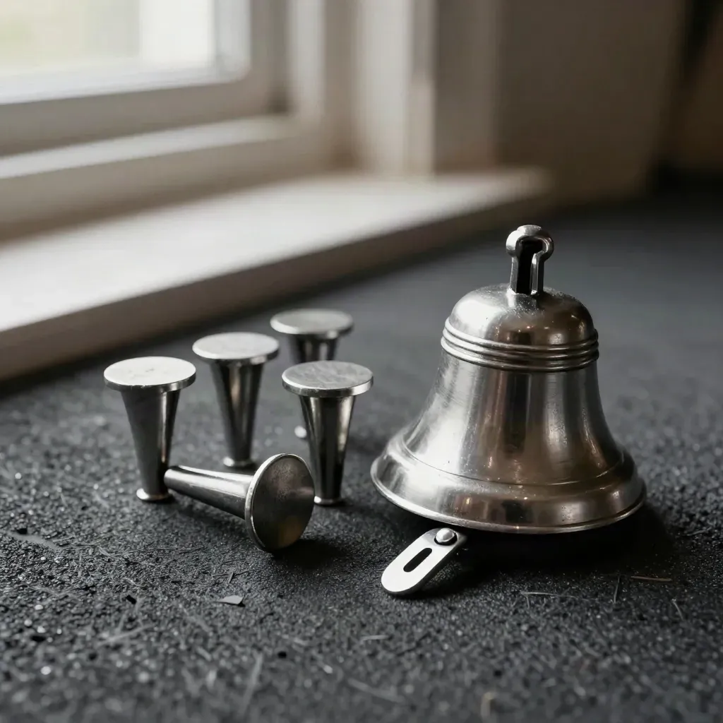 Starter’s bell, tee markers and rope clips on dark rubber matting with metallic highlights.