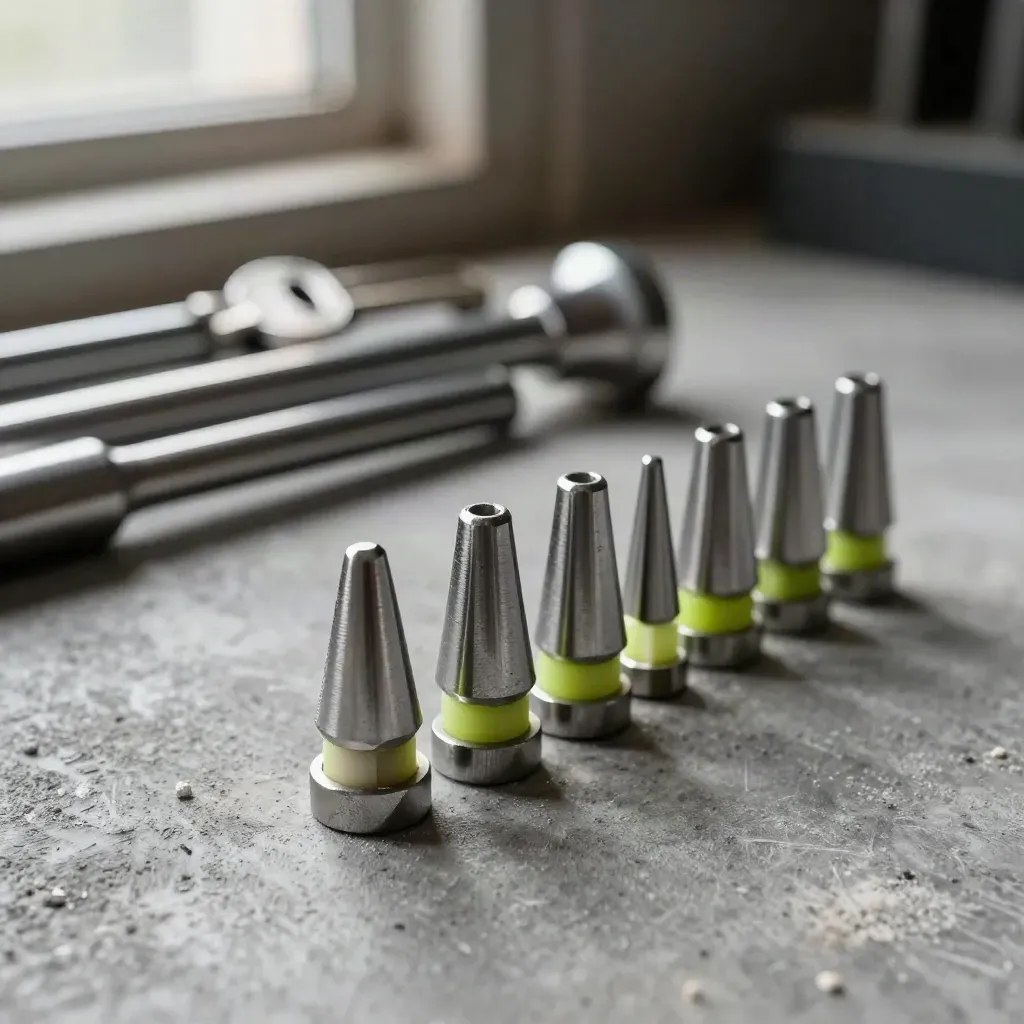 Chrome ferrules, shaft tip caps, and a fitting block on concrete with a lime accent.
