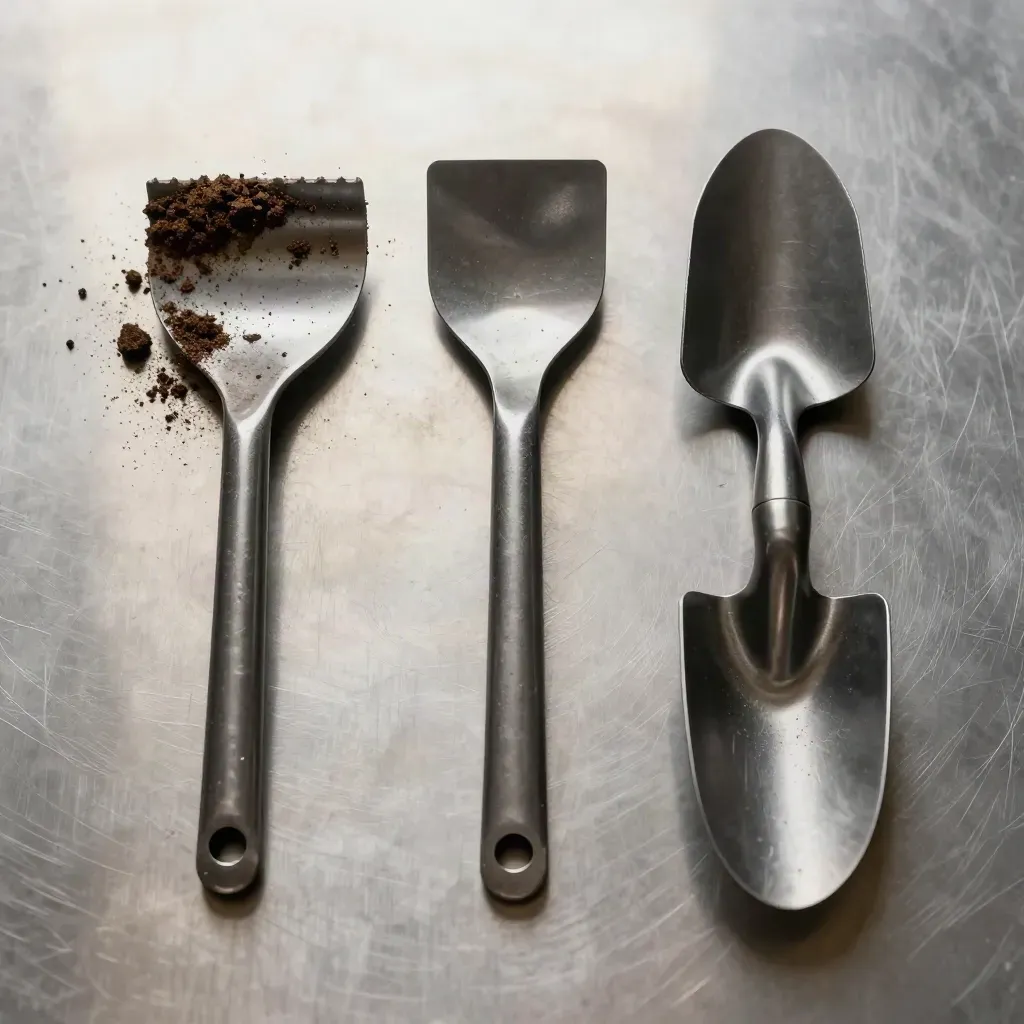 Golf maintenance tools and soil crumbs on brushed steel in a precise top-down flatlay.