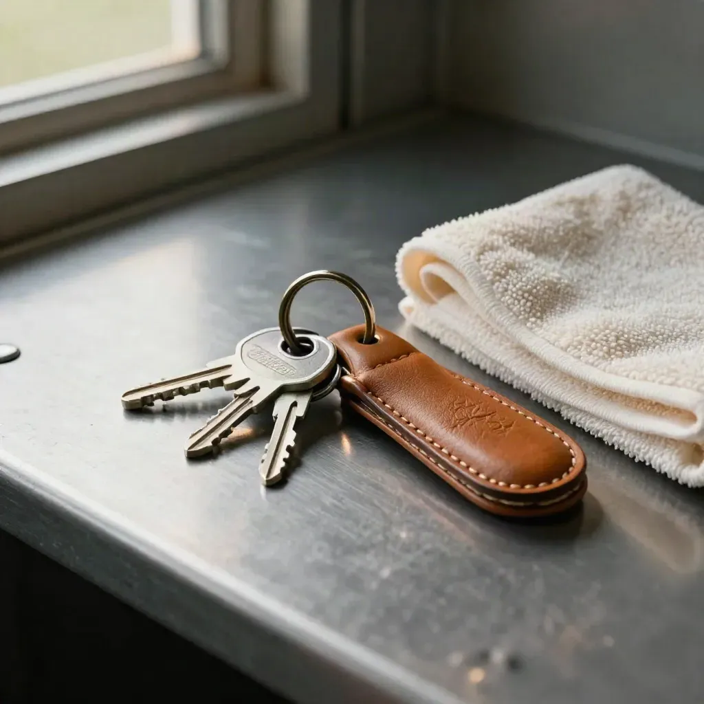 Locker keys, leather fob and folded cream towel on brushed metal in soft daylight.