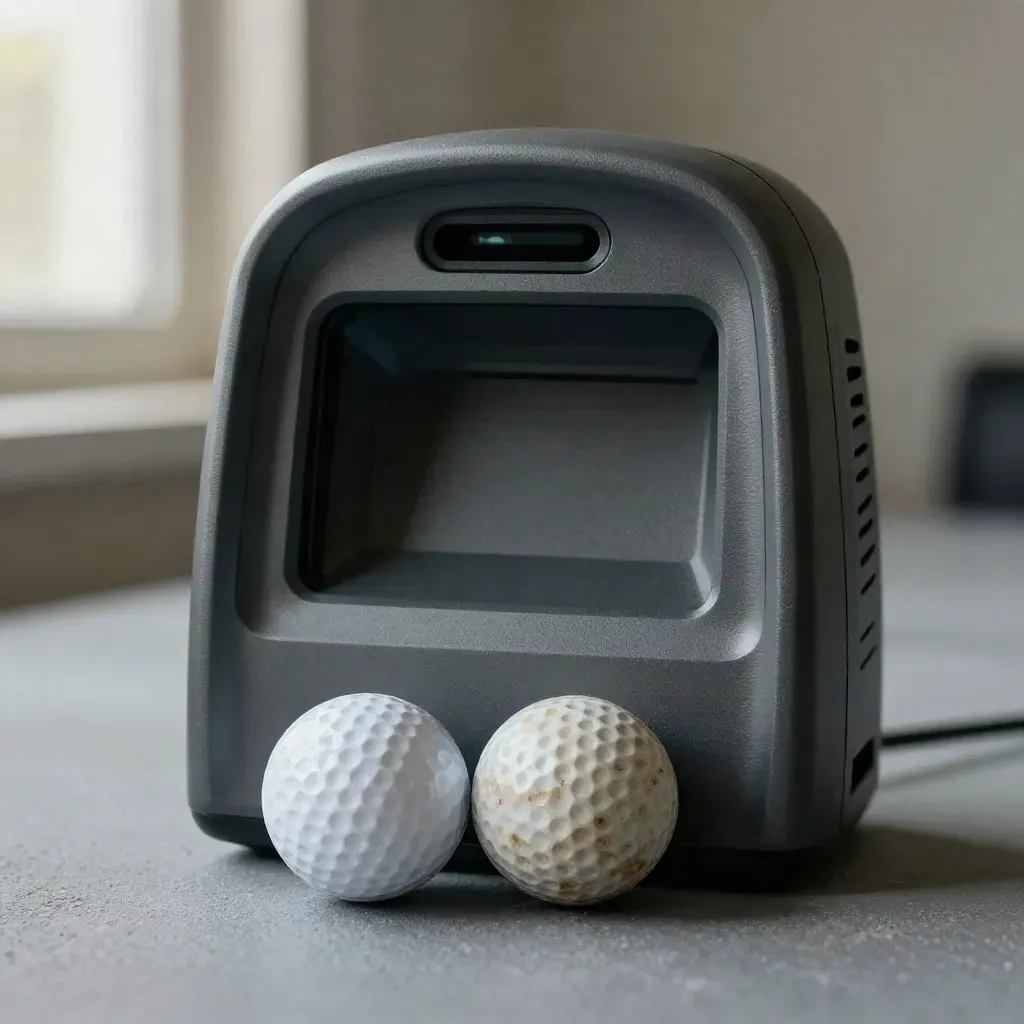 Top-down macro of a launch-monitor pod with two golf balls on matte grey.