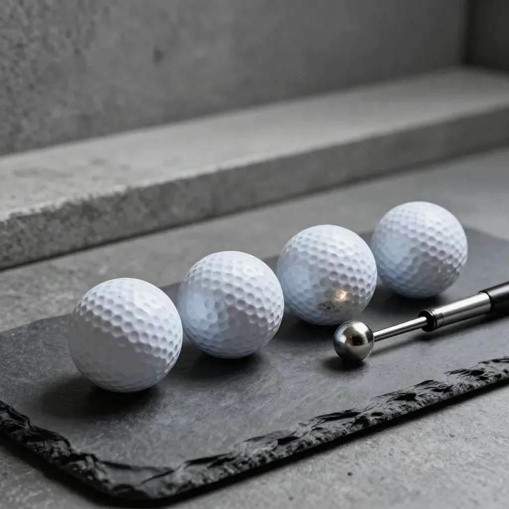 Four golf balls in wear progression beside a groove brush and metal ball marker on slate.