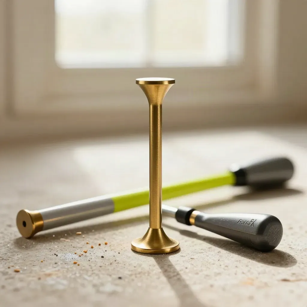 Brass golf tee markers and a slim starter baton on stone, lit by soft daylight.