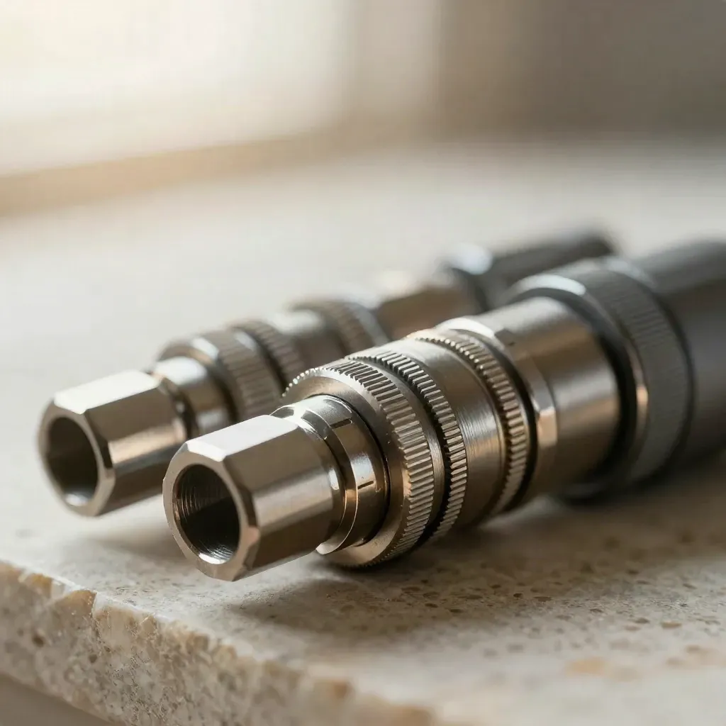 Macro still life of graphite metal connectors and docking block on a pale stone surface.