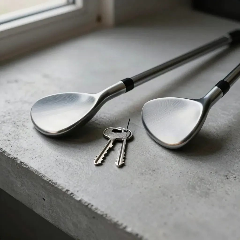 Two forged golf club heads, shim, and ball markers in a precise overhead still life.