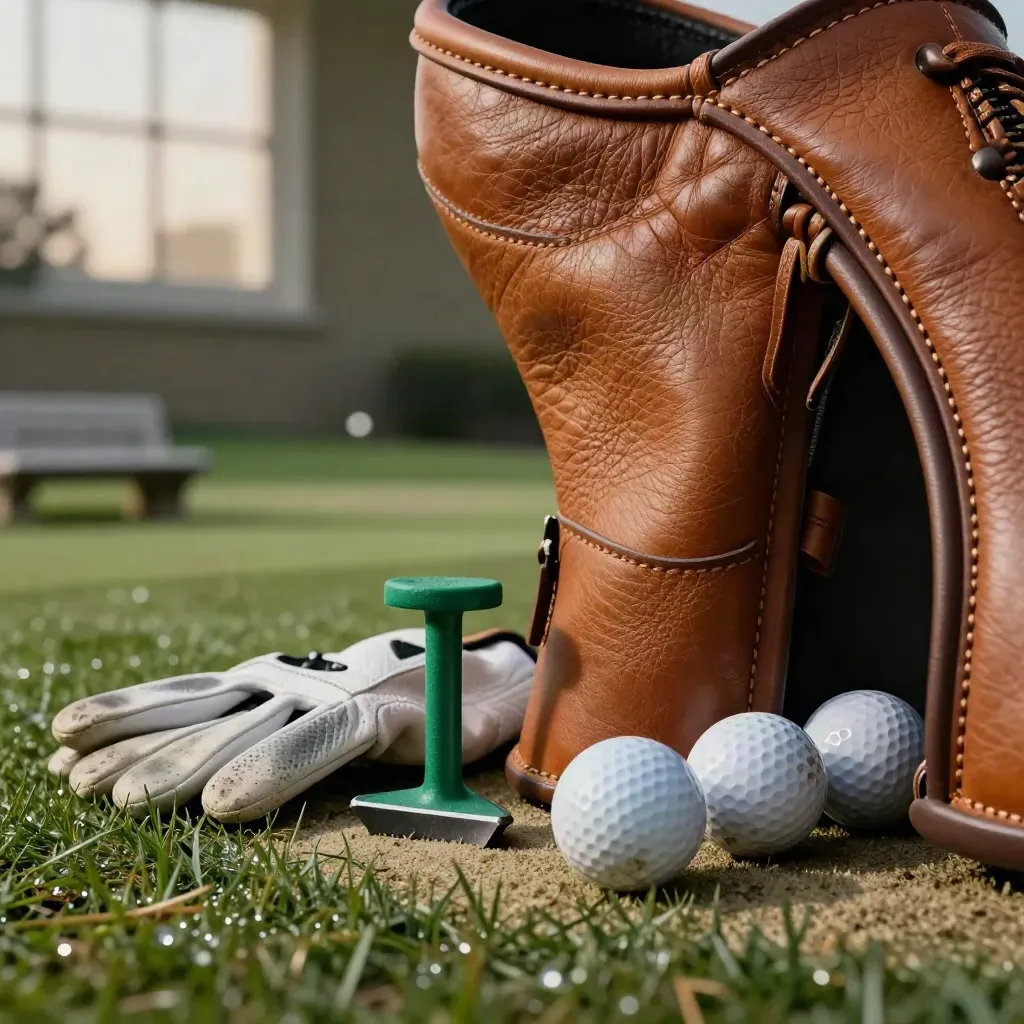 Leather headcover, open glove, divot tool and golf balls on dewy turf at dawn.