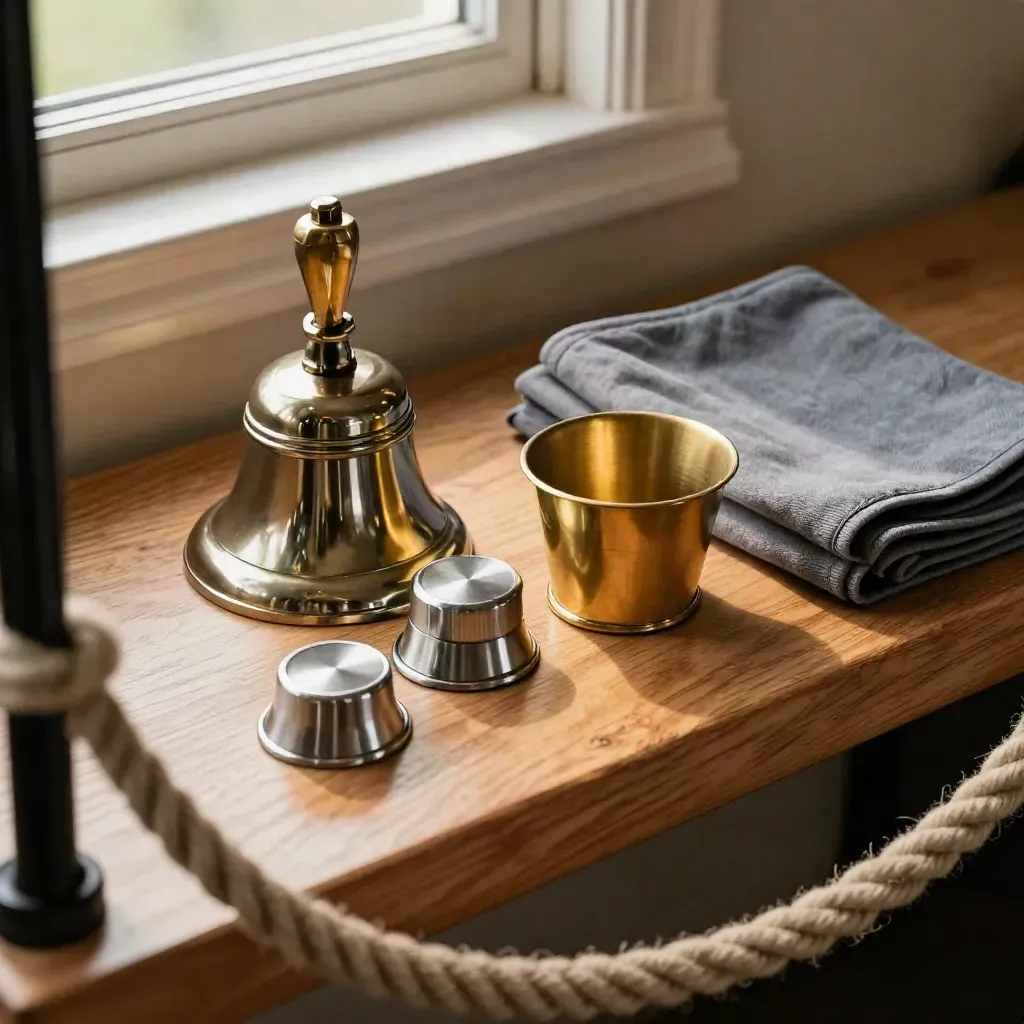 Starter bell, hole cup, rope caps, and marshal cloth on a honey-oak clubhouse bench