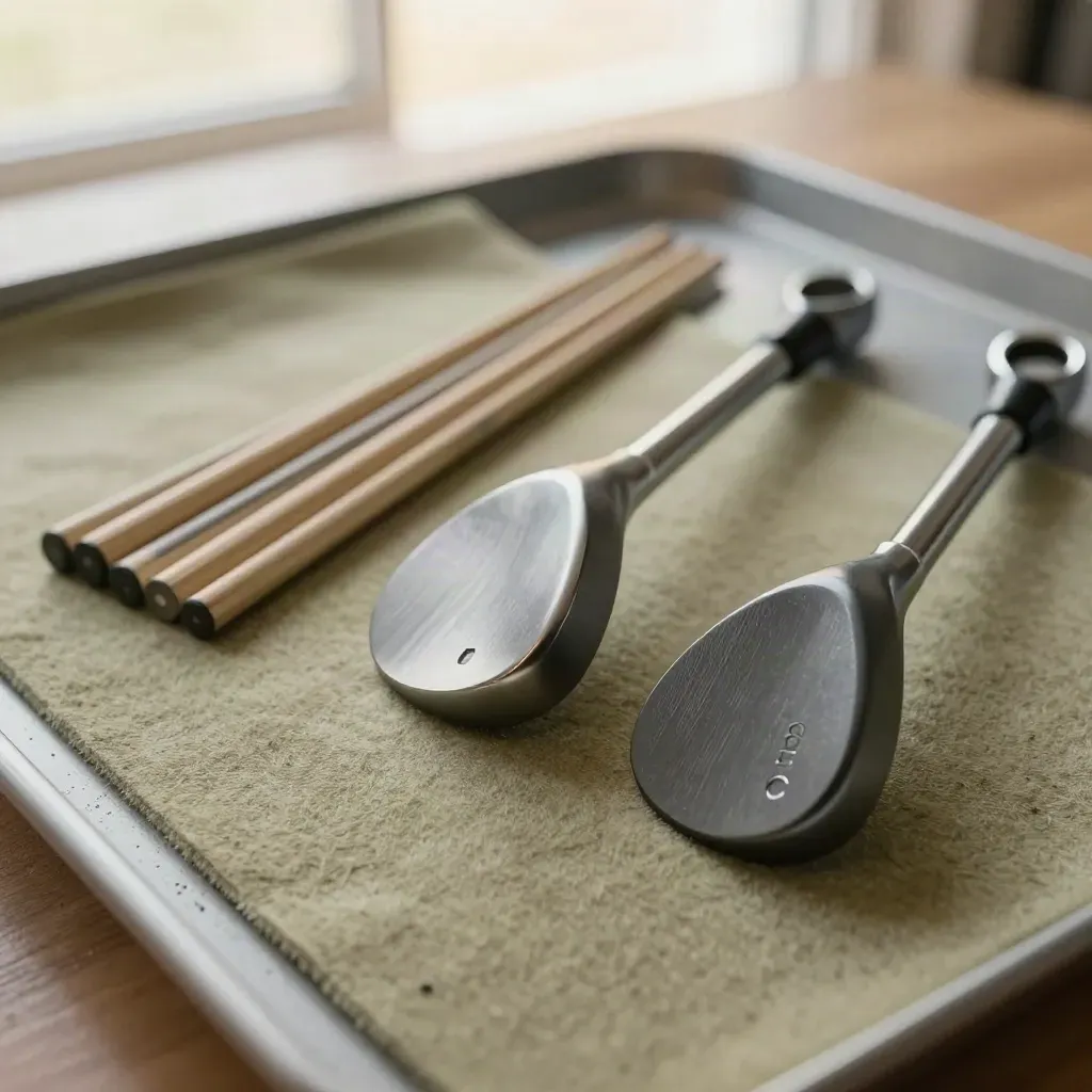 Golf fitting tools and club heads on a khaki mat, viewed from above in soft workshop light.