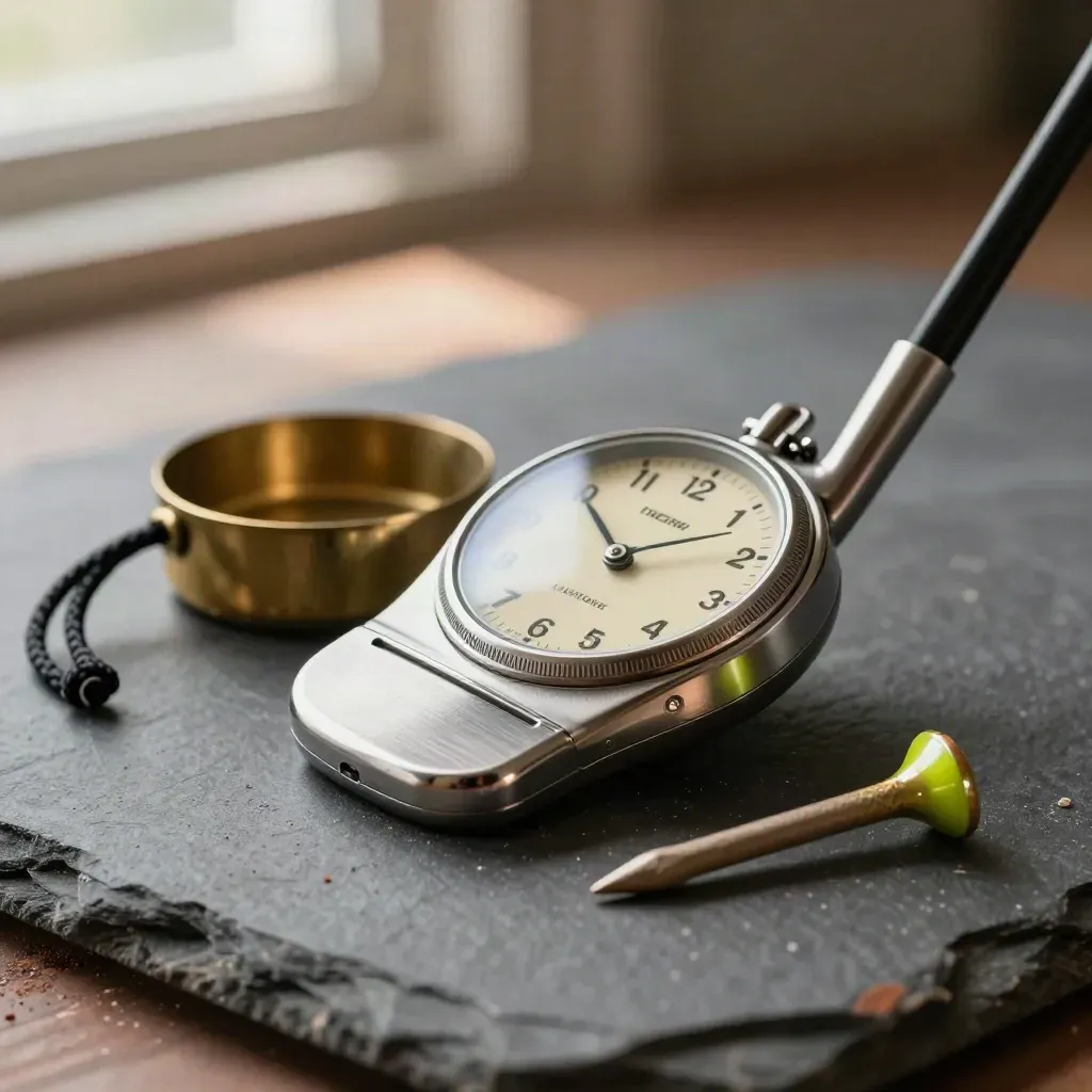Pocket timer, brass cup liner, rope clip and tee marker on slate with warm haze and bokeh.