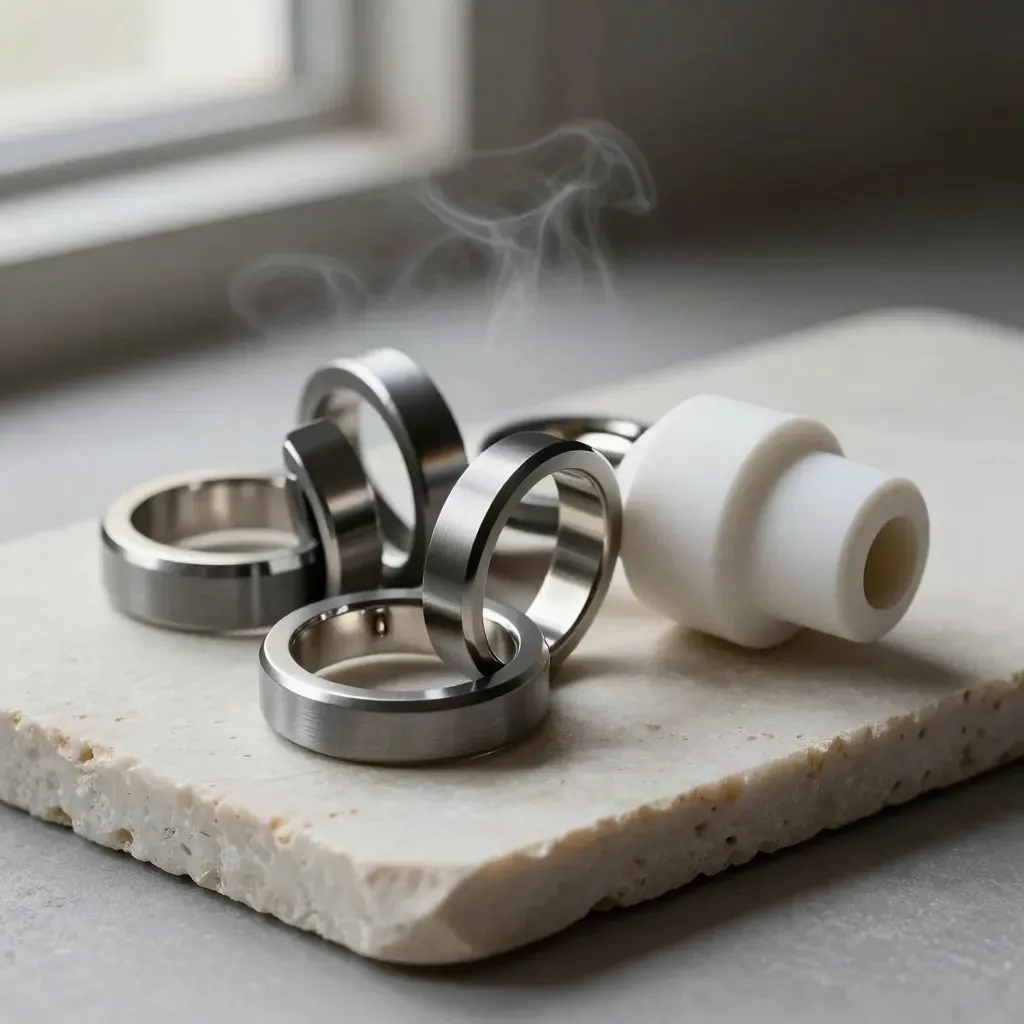 Machined rings, cable collar, and connector hub on pale stone in dramatic studio light.