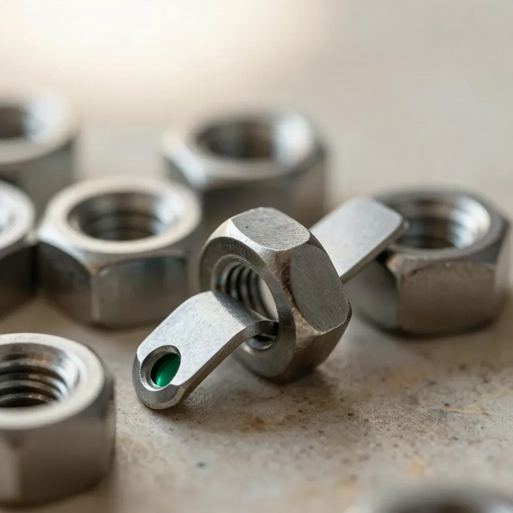 Macro of graphite metal connectors and a green accent insert on a stone-like surface.