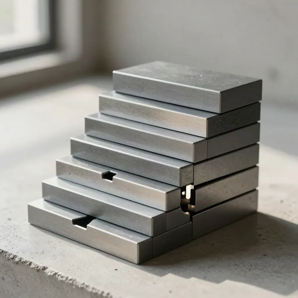 Graphite modular blocks and connector plate stacked on cool concrete, close-up