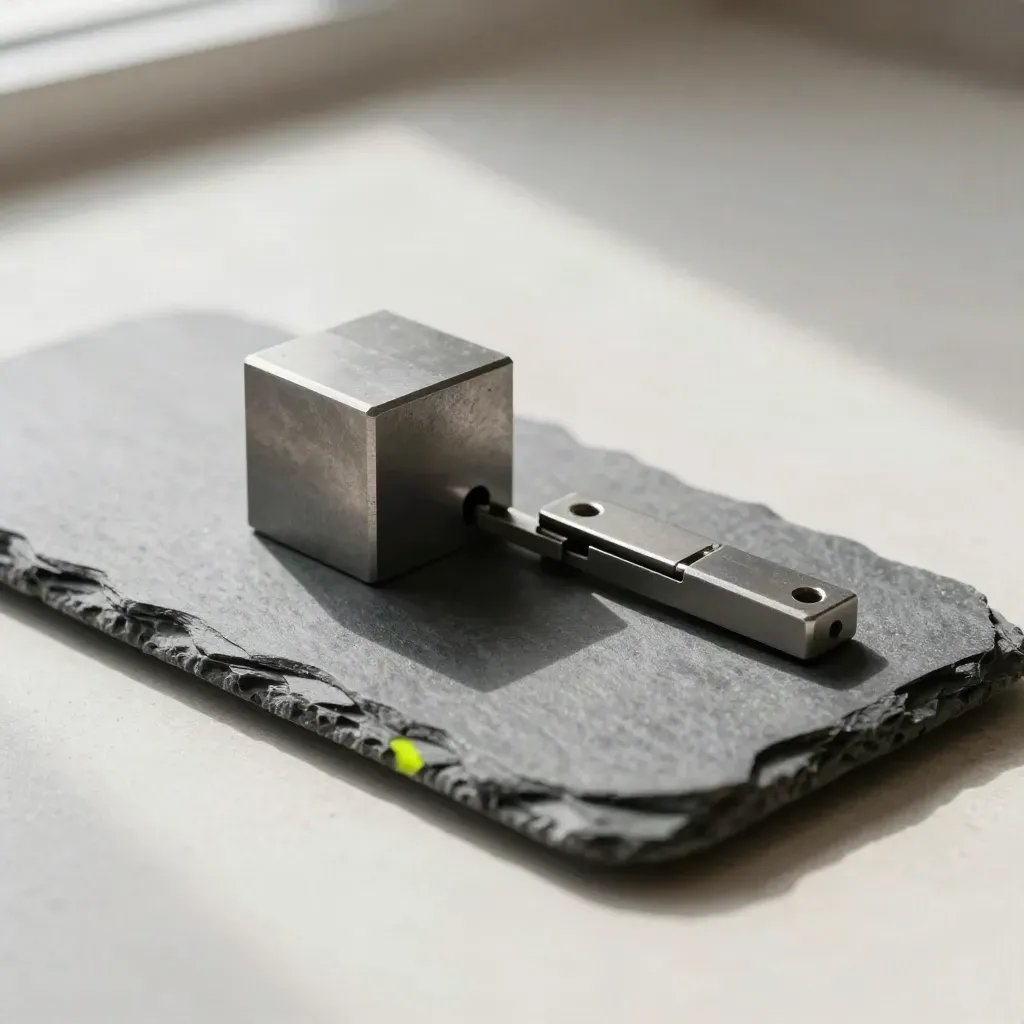 Slate blocks, a metal cube, and hinge connector on a matte stone plane with soft daylight.