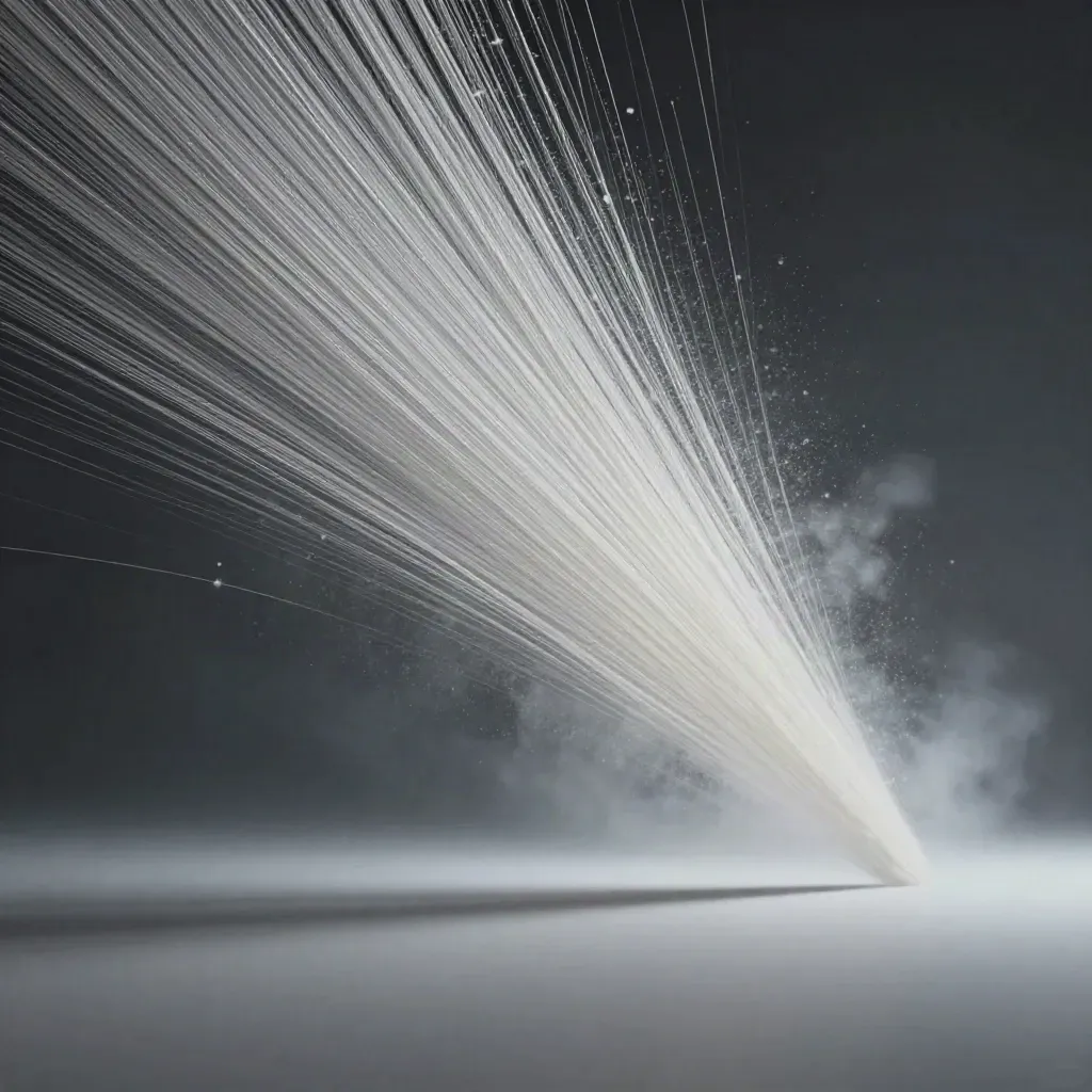Silver filaments converge into a white bloom in graphite haze, with calm space for copy.